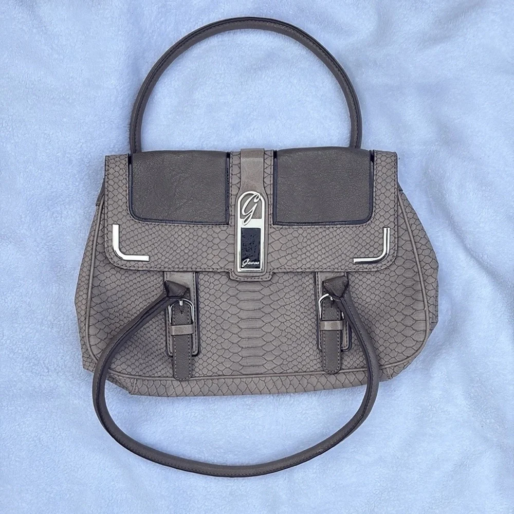 GUESS Gray Snakeskin Embossed Satchel Handbag | Silver Hardware | Floral Lining - Picture 2 of 9